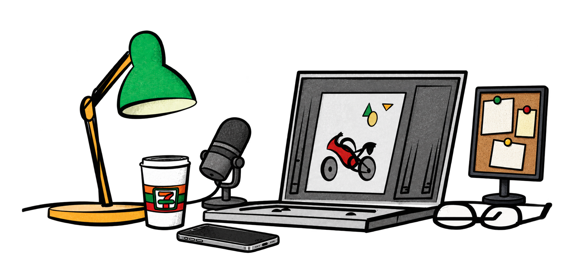 Joe’s desk drawing with a lamp, 7-Eleven coffee, laptop, glasses, podcast microphone, phone and small note board